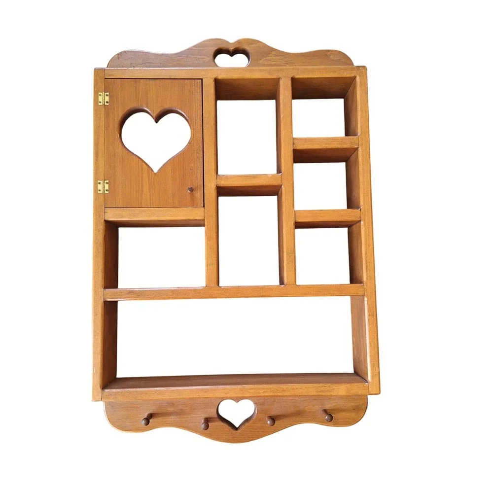 Vintage Cottagecore Wooden Heart Cutout Trinket Shelf Pegs Peekaboo Large